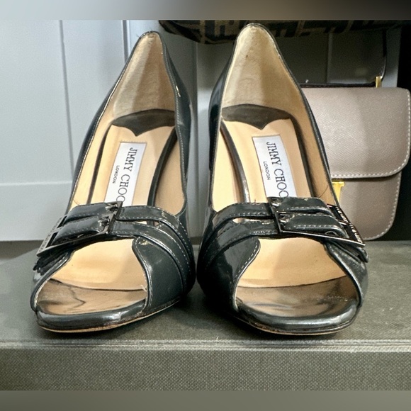 Jimmy Choo Metallic Gray Patent Leather Double Buckle Pumps - Picture 12 of 15